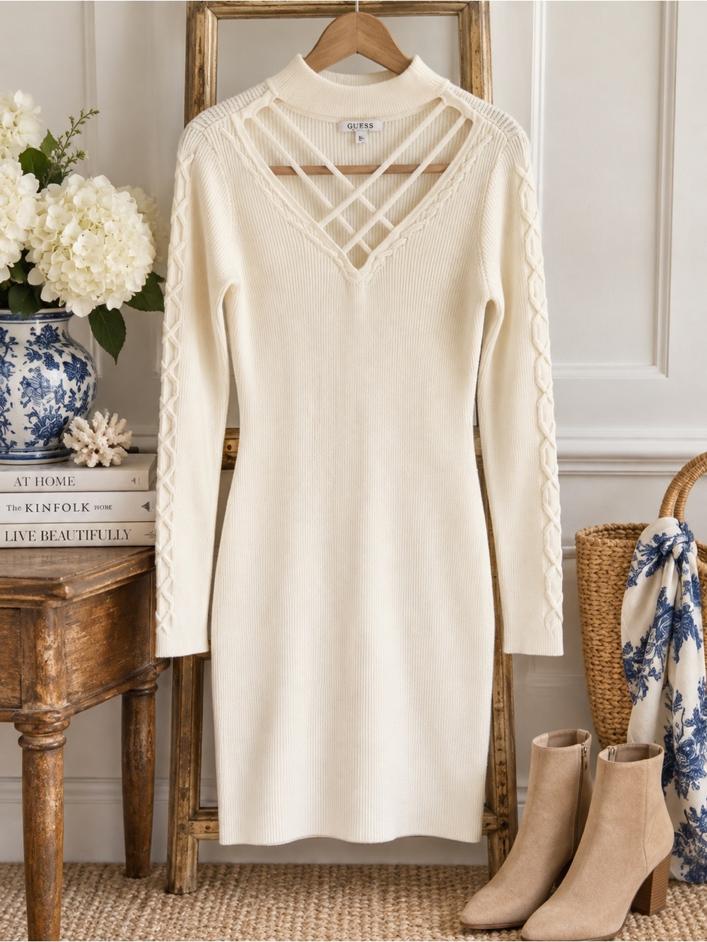 Guess Cream Long-Sleeve Knit Dylan Dress with Criss Cross Lattice V-Neck